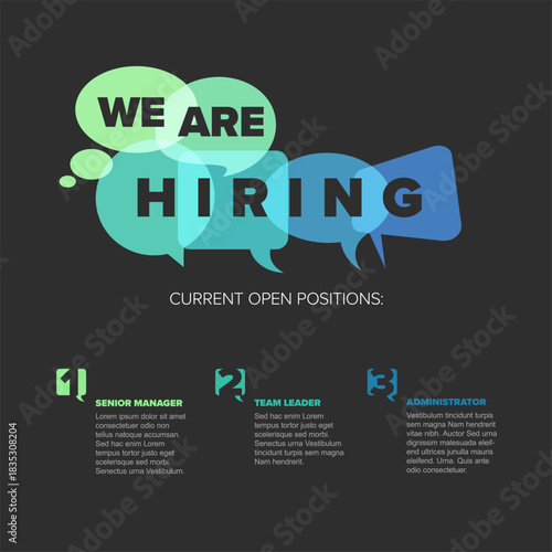 Showcasing current job openings, this 'We Are Hiring' banner features a clear recruitment message. The hiring image details various open job positions for potential candidates.
