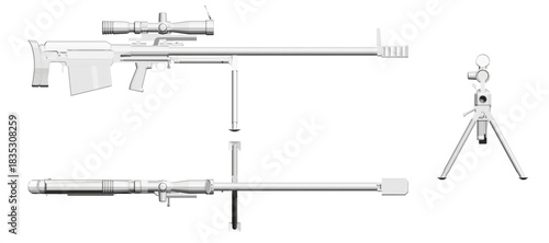 Polygonal sniper rifle set with a long barrel and muzzle, featuring a mounted scope and adjustable tripod for precision targeting.