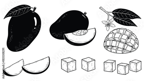 Mango Fruit and Slices in Black and White mango, fruit, tropical, food, sweet, ripe