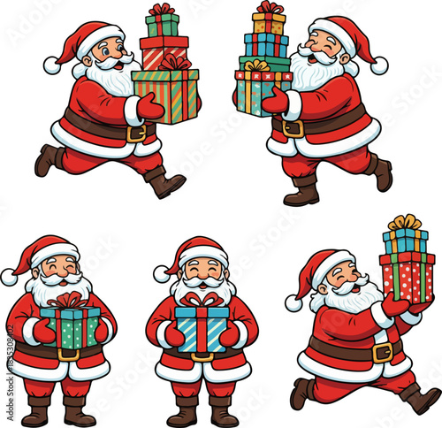 Five Santa Claus Holding Gifts Two-Handed Vector Set