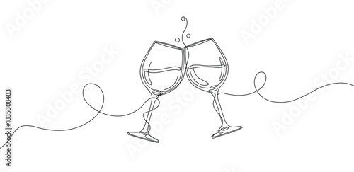 Minimalist continuous line drawing of two wine glasses toasting with a dashed line swirl
