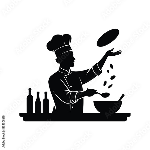 Silhouette of a chef preparing food with ingredients and bottles