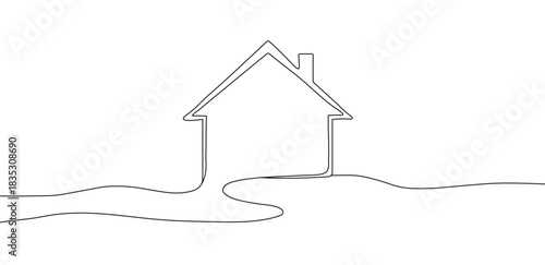 Minimalist continuous line drawing of a house outline with dashed path leading to it