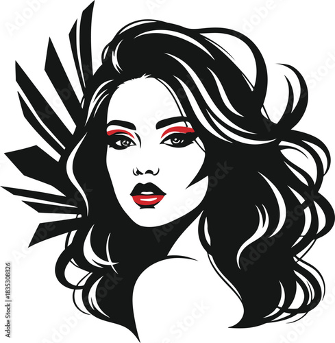 Beautiful woman with long wavy hair, red lipstick, and dramatic eye makeup.