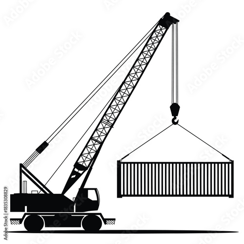 Mobile crane lifting a shipping container in a black and white illustration