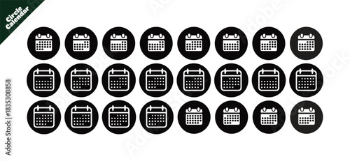 Calendar Icons Collection Circle Style Vector Set Symbol Isolated on White Background