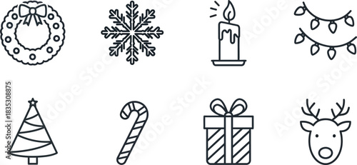 Christmas holiday icon set wreath snowflake candle lights tree candy cane gift reindeer