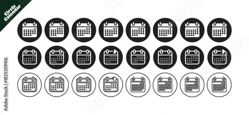 Circle Calendar Icons Collection Vector Symbol Black Color Isolated on White Background