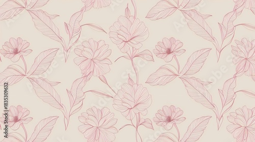 Delicate pink floral pattern with hand drawn botanical elements