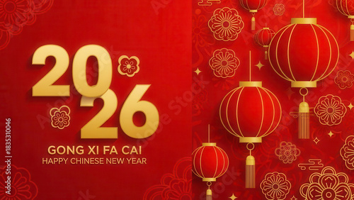 Golden 2026 chinese new year greeting with red lanterns and traditional patterns on red background