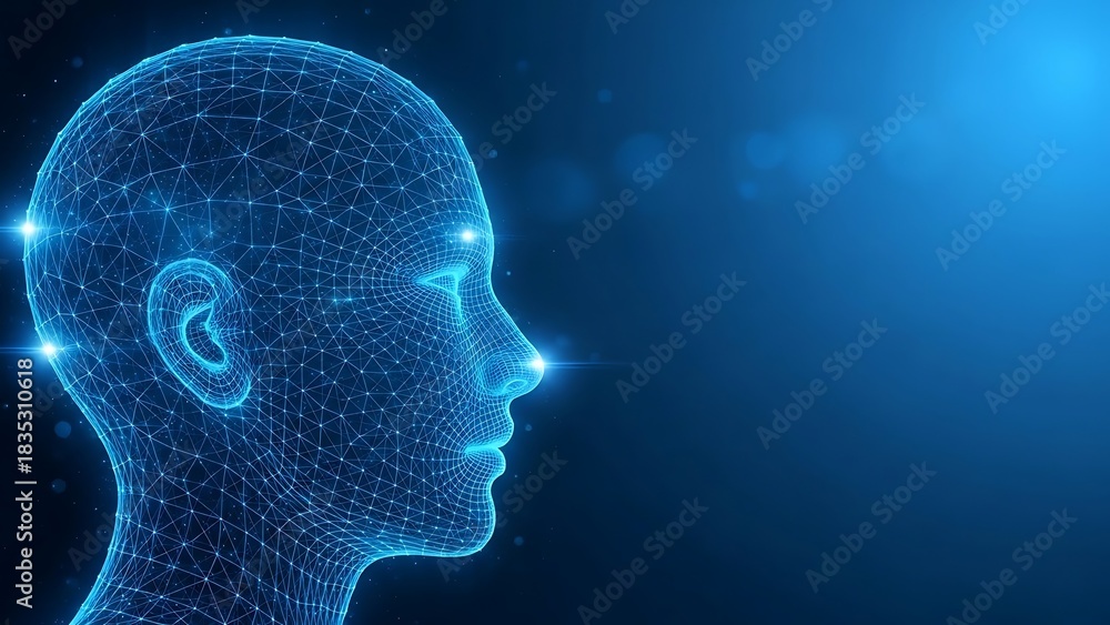 Obraz premium Advanced Artificial Intelligence Concept Showcasing a Luminous Blue Wireframe Human Head Against a Deep Blue Background Representing Innovation and Digital Transformation in the Modern Era
