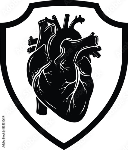 Black and White Vector Icon of Anatomical Heart Enclosed in Shield Representing Cardiovascular Protection and Medical Care
