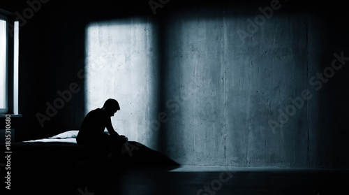 Depressed man sitting on bed edge silhouette shadow wall copy space insomnia nightmare mental health concept dark room night loneliness sadness male person thinking awake problem stress disorder 