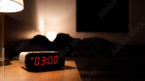 Alarm clock showing late night time copy space insomnia background sleepless woman lying bed blurred focus stress anxiety sleep disorder waiting morning tired person awake nightmare problem concept 