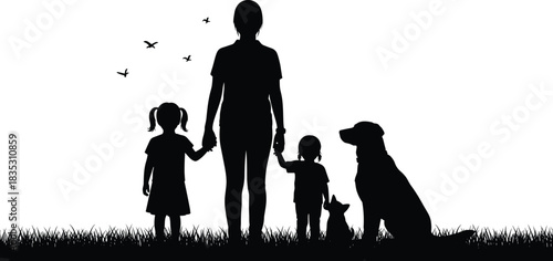 Family and pets silhouette illustration, outdoor bonding and nature moment, companionship and unity concept vector, black and white graphic