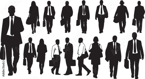 Standing businessman and businesswoman silhouette vector in elegant professional posture on transparent background, black figure