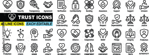 Minimalist trust line icon set with editable stroke, featuring security, faith, support,agreement, safety ,promise, honesty. thin linear vector illustration.