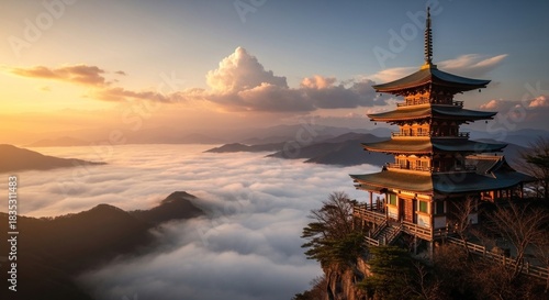 Ancient pagoda atop mountain cliff bathed in golden sunrise, overlooking a sea of clouds