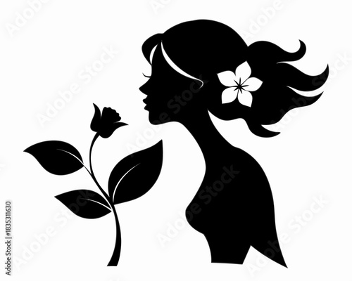 Woman smelling flowers silhouette vector illustration 