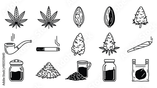 Cannabis Icons Set Marijuana Plant Leaf Pipe and Joint cannabis, marijuana, icon, set