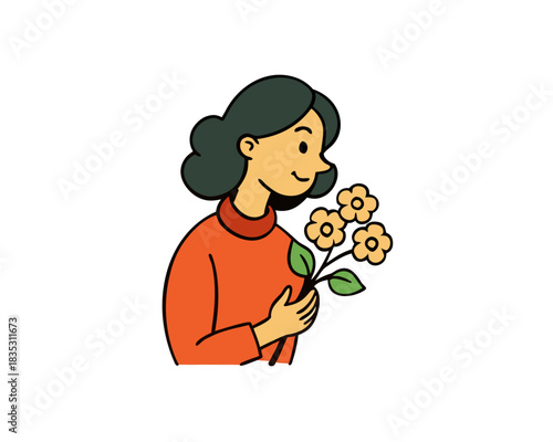 cartoon Woman smelling flowers silhouette vector illustration isolated on white background
