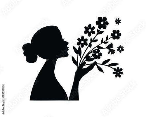Woman smelling flowers silhouette vector illustration isolated on white background
