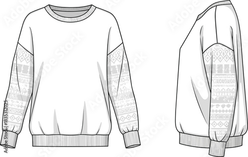 Crewneck sweatshirt fashion flat, vector apparel illustration featuring Nordic patterned sleeves with ribbed cuffs and hem in front and side views