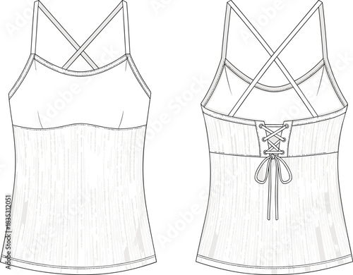 Elegant strappy camisole fashion flat, technical tank top sketch with lace-up back design for apparel design presentations