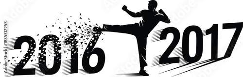 New Year transition silhouette illustration, kicking away 2016, bold start to 2017 concept vector, black and white graphic