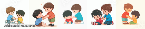 vector little boy helping his friend get up