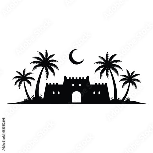 Silhouette of an ancient desert fort with tall palm trees and a crescent moon.