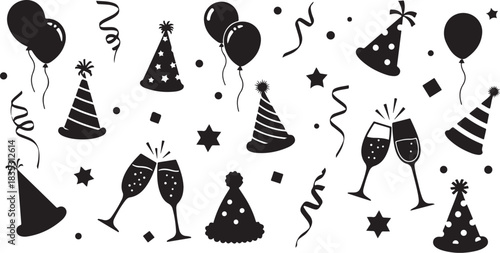 New Year's Eve Party Elements Black Silhouettes Vector

Celebration Icons Set with Hats, Balloons, and Champagne Glasses

Black and White Party Design Elements for Graphics