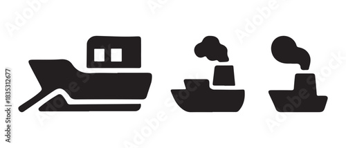 Boat Silhouette Icons. Tugboat and Steamboat Variants for Maritime and Transport Graphics.
