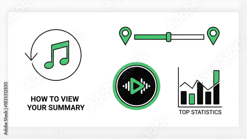 Minimalist icon set representing data visualization, media consumption summary, and statistical analysis for infographics and user interface design