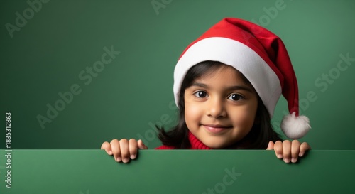 Happy child wearing Santa hat against green background