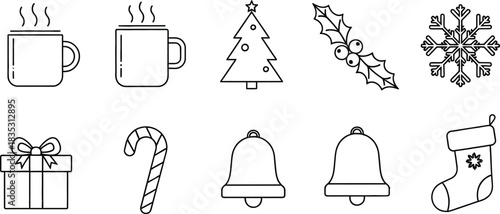 Hand drawn christmas holiday icons and elements in black and white