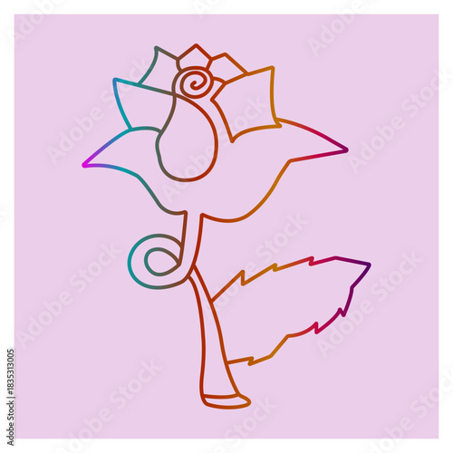 The image is a minimalist illustration of a rose, created using continuous line technique and a  gradient color scheme.