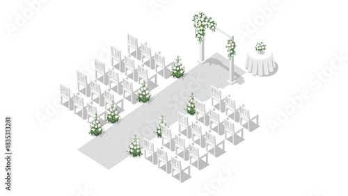 Minimalist isometric illustration showcasing an enchanting outdoor wedding ceremony layout with rows of white seating, a decorative floral arch, and a small reception table for a dreamy celebration