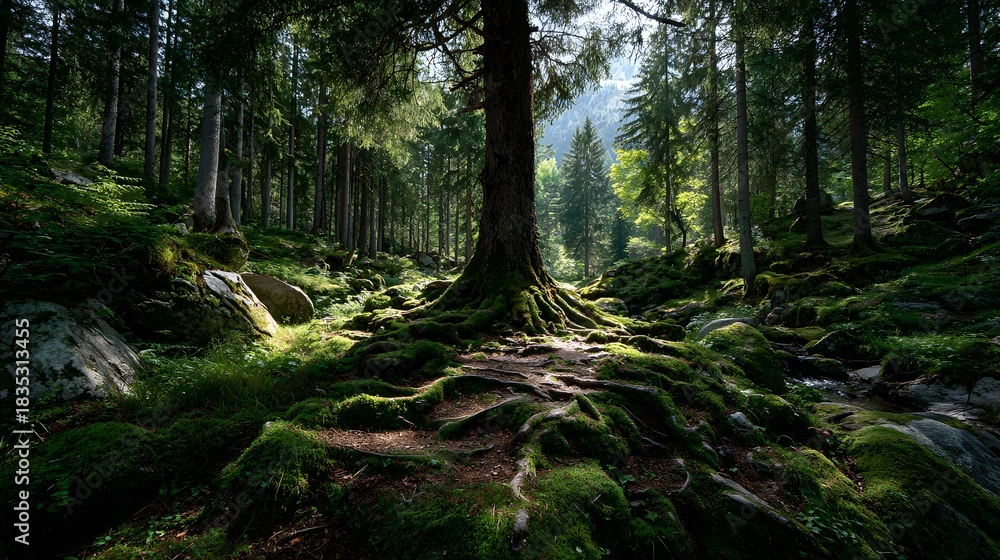 Fototapeta premium Massive tree roots spread over the enchanted forest floor where dappled sunlight filters through the canopy onto soft mossy textures.