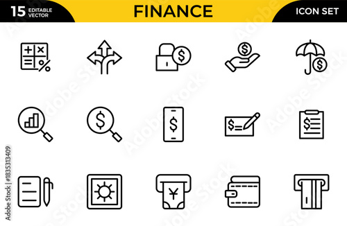 Finance line icon set with money, bank, exchange, payment, wallet, deposit, piggy, calculator, web, and more. Thin outline icons pack. Vector illustration