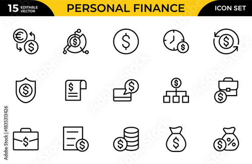 Personal Finance line icon set. Cash, Credit Cards, Money Bag, Containing banking, Investment, income, accounting, money, loan. Thin outline icons pack. Vector illustration