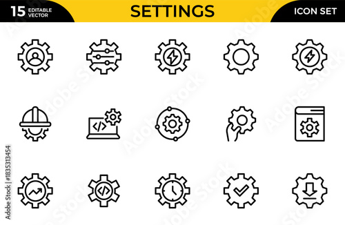 Settings line icon set. Containing options, preferences, adjustments, gear, control, management, and more icons. Thin outline icons pack. Vector illustration