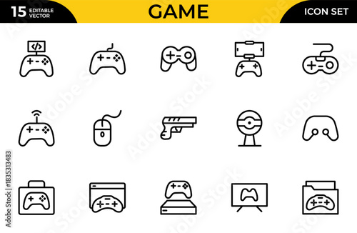 Game outline icon set. Gaming icon elements containing points and life bars, player, chess, and mobile game icons. Thin outline icons pack. Vector illustration