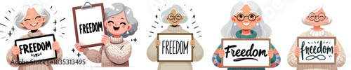 vector of a grandmother holding a sign that says "Freedom"