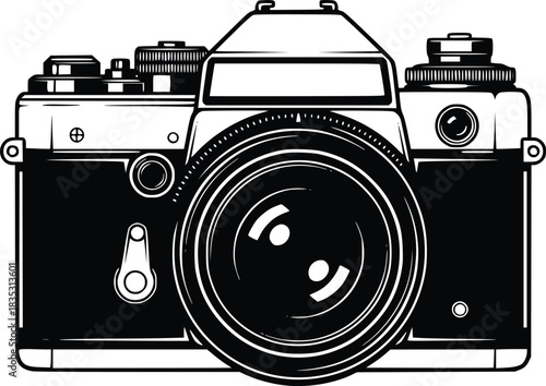 Black and White Vector Icon of Vintage Film Camera with Lens and Dials Representing Classic Photography
