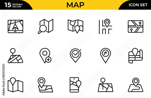 Map outline icon set. Containing location, GPS, navigation, city map, atlas, route, direction, pin and more. Thin outline icons pack. Vector illustration
