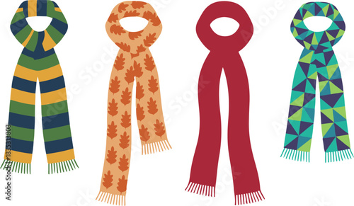 A set of four colorful vector scarf illustrations featuring distinct designs: green and yellow stripes, an autumn oak leaf pattern, a solid dark red knit, and a blue geometric triangle print, all with