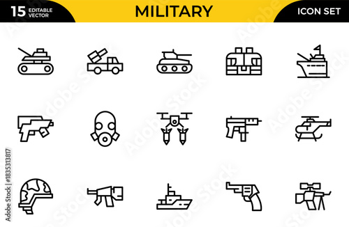Military Line Icon Set. A powerful collection of icons representing defense and combat themes, perfect for enhancing educational materials, military. Thin outline icons pack. Vector illustration