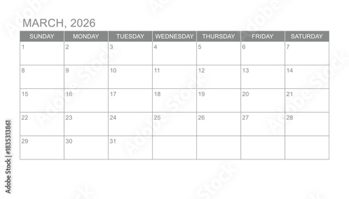 Classic monthly calendar for 2026. week starts on sunday. simple march 2026 calendar template. new monthly planner design