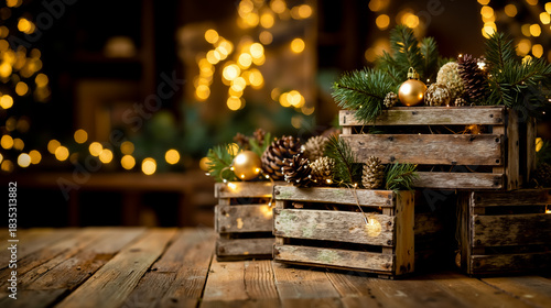 A wooden crate filled with pine cones and a gold ornament sitting on a wooden table with a blurred background of lights